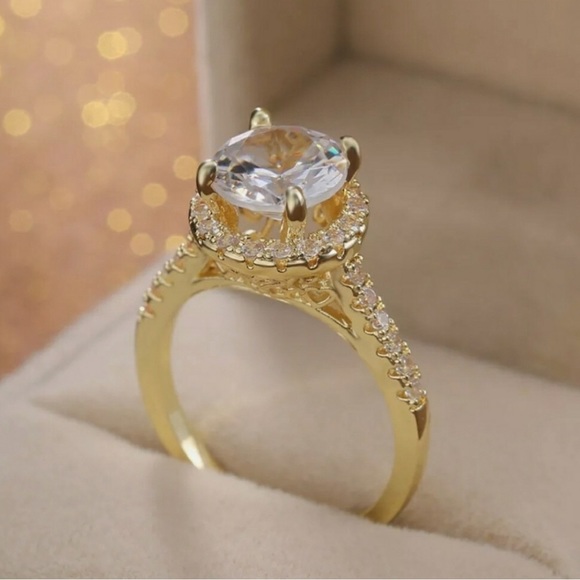 Jewelry - 3ct Round 14K Yellow Gold Plated Silver Halo Engagement Ring NEW